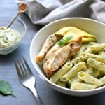 Chicken Pasta with Herby Yoghurt & Avocado Pesto Sauce. A delicious quick & easy weeknight meal - 30 minutes from prep to table. Healthy & satisfying | berrysweetlife.com