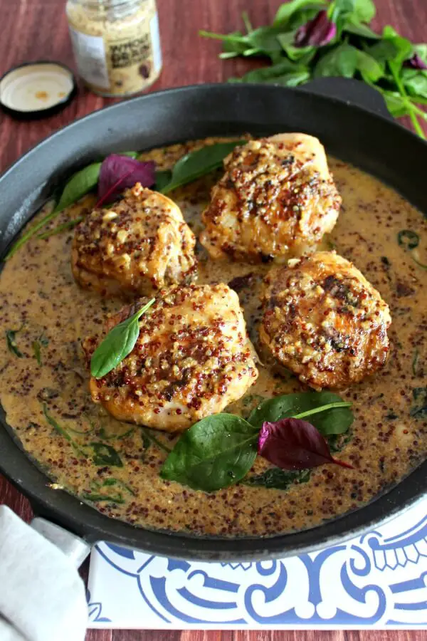 One Pot Mustard Coconut Chicken Skillet with Quinoa. Simple TASTY Chicken Skillet dinner with spinach & garlic. Healthy & delicious! You & your family will love this! | berrysweetlife.com