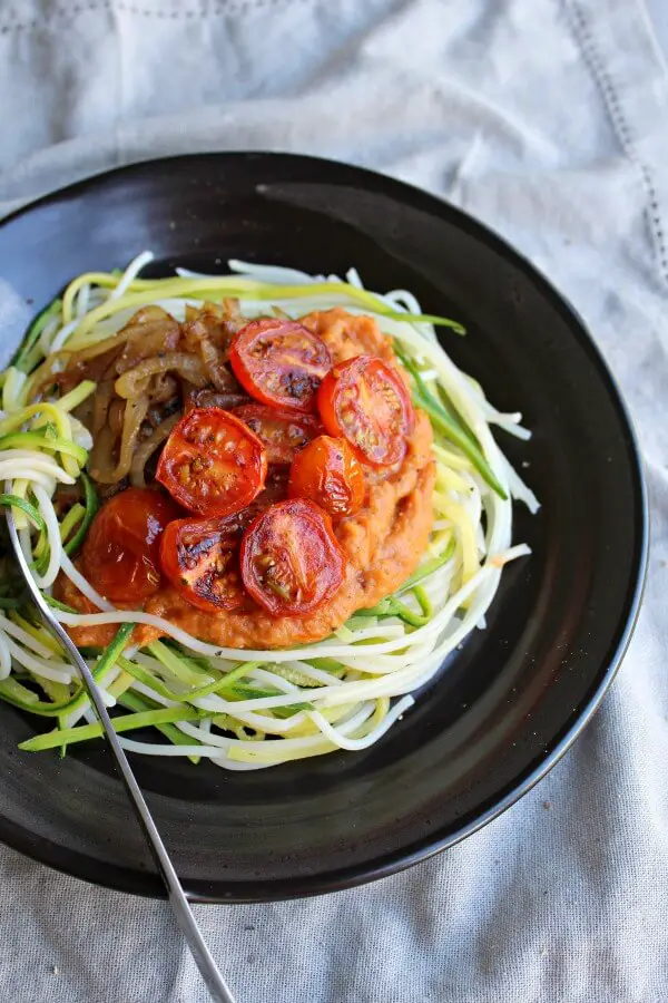 Baby Marrow Spaghetti & Rustic Plum Tomato Sauce. A delicious quick & easy vegetarian weeknight dinner the whole family will adore | berrysweetlife.com