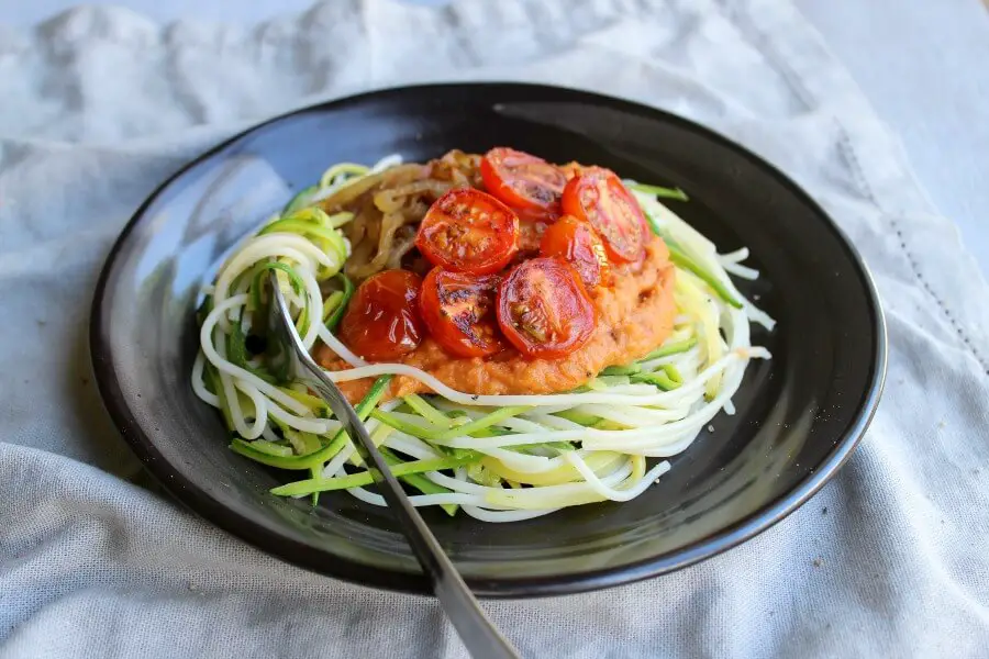 Baby Marrow Spaghetti & Rustic Plum Tomato Sauce. A delicious quick & easy vegetarian weeknight dinner the whole family will adore | berrysweetlife.com