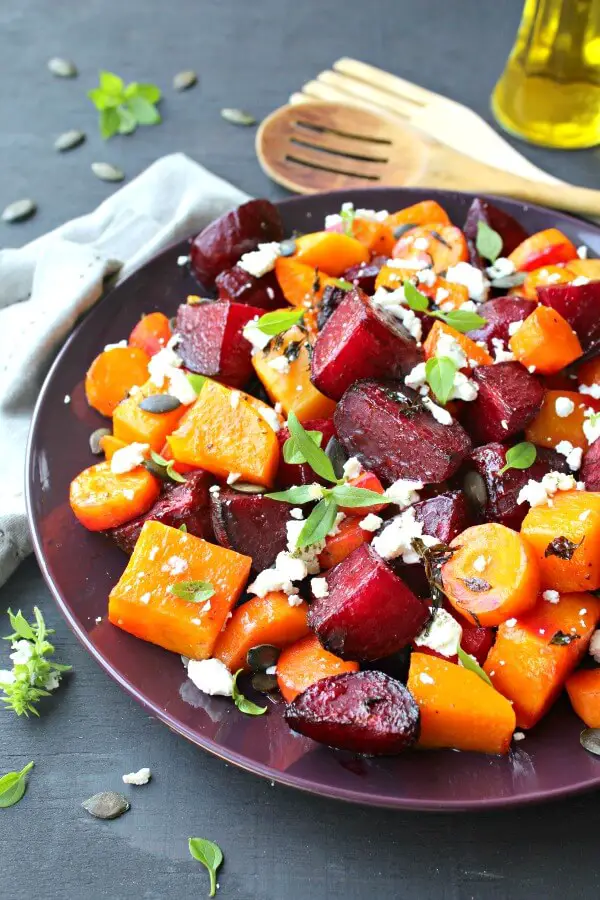 Low carb and easy to make, packed with nutrients, this Roast Beet Butternut Basil Goat Cheese Salad is a delicious side dish or light vegetarian meal | berrysweetlife.com