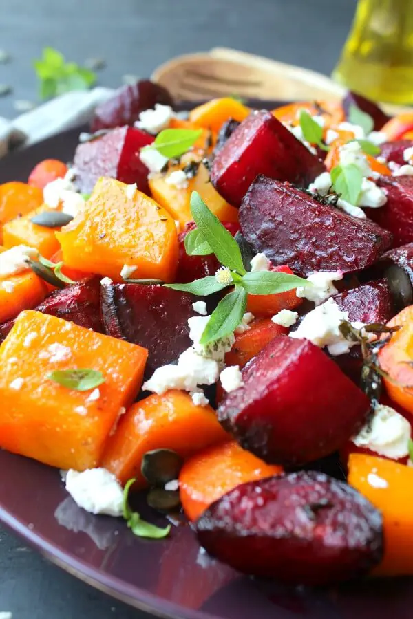 Low carb and easy to make, packed with nutrients, this Roast Beet Butternut Basil Goat Cheese Salad is a delicious side dish or light vegetarian meal | berrysweetlife.com