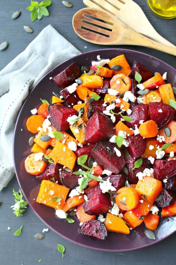 Roast Beet Butternut Basil Goat Cheese Salad. Packed with superfood nutrients, flavour and a feast for the eyes, this is a DELICIOUS, easy salad that will wow your guests | berrysweetlife.com