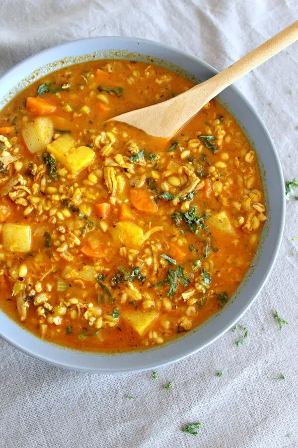 Baked Chicken Barley Kale Stew. A healthy, hearty stew with lots of vegetables, barley & chicken thighs. A great family meal or kitchen supper! | berrysweetlife.com