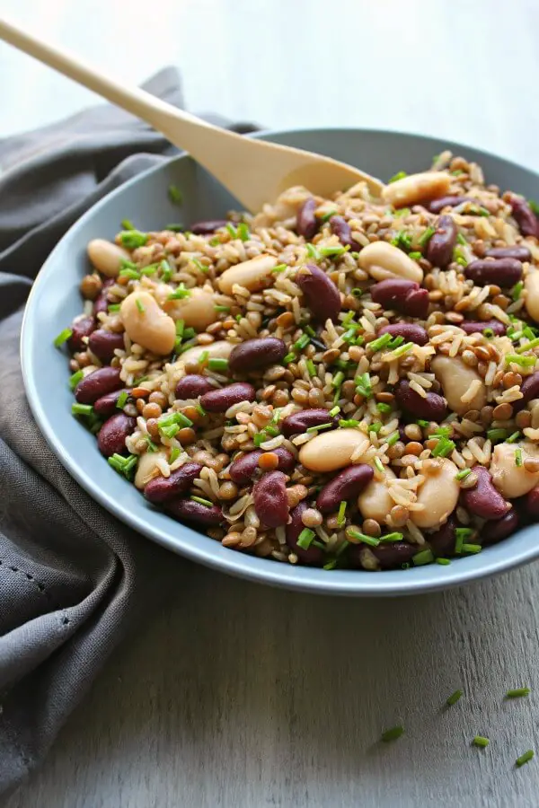 Warm Brown Rice Lentil Kidney Bean Salad. A healthy, quick & easy salad recipe that is perfect as a light main, or delicious side dish | berrysweetlife.com