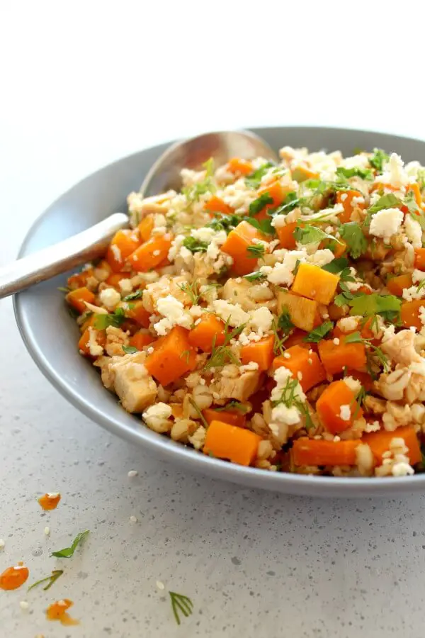 Sesame Chicken Butternut Barley Salad. A simple baked main meal or side dish bursting with flavour, colour and goodness! Freezes well | berrysweetlife.com