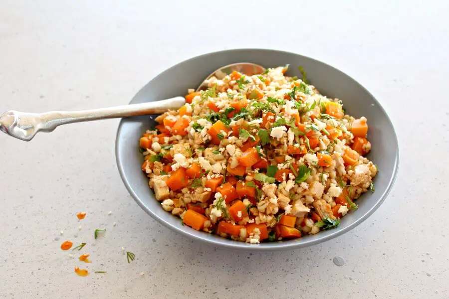 Sesame Chicken Butternut Barley Salad. A simple baked main meal or side dish bursting with flavour, colour and goodness! Freezes well | berrysweetlife.com