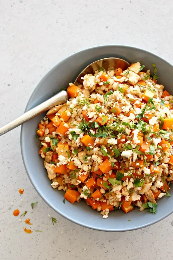 Sesame Chicken Butternut Barley Salad. A simple baked main meal or side dish bursting with flavour, colour and goodness! Freezes well | berrysweetlife.com