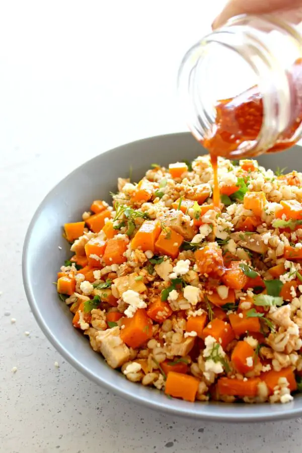 Sesame Chicken Butternut Barley Salad. A simple baked main meal or side dish bursting with flavour, colour and goodness! Freezes well | berrysweetlife.com