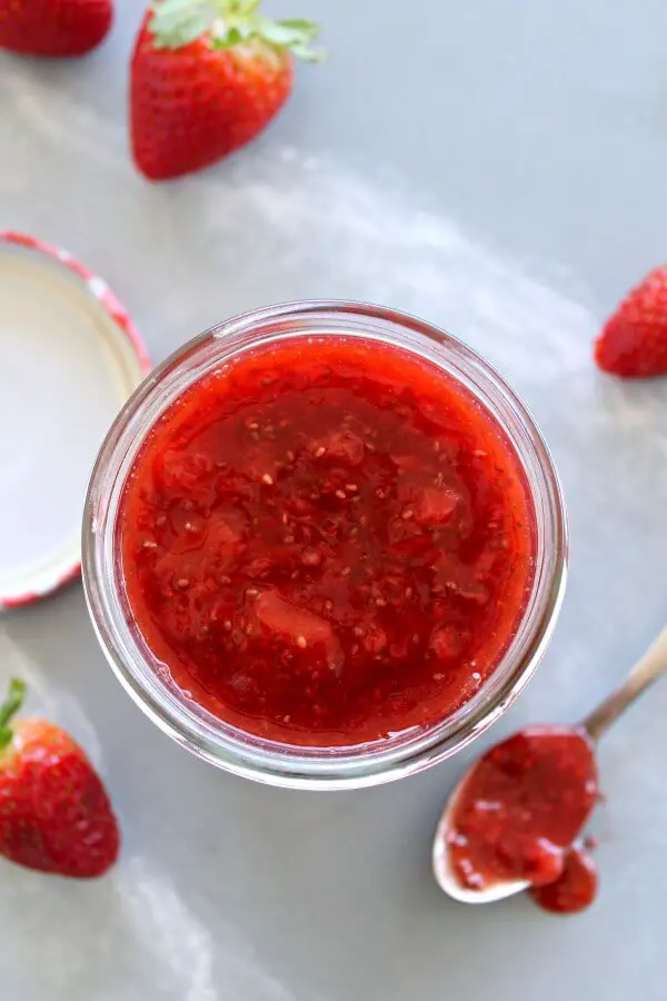 Sugar Free Strawberry Chia Seed Jam. Easy 20 minute, honey sweetened jam, packed with strawberries and chia seeds with a hint of vanilla. This jam is the BEST ever! | berrysweetlife.com