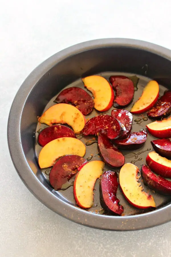 No sugar, gluten or dairy - this vegan Stone Fruit Apple Date Brunch Cake is easy to make, healthy, full of fresh fruit and bursting with flavour! | berrysweetlife.com