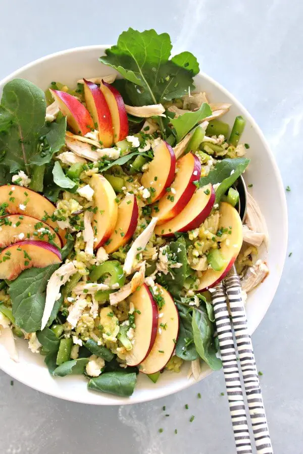 15 minute Avocado-Wild Rice Nectarine Chicken Salad tastes wonderful, is creamy and healthy! Serve it as a salad or in a wrap or pita bread for lunch | berrysweetlife.com