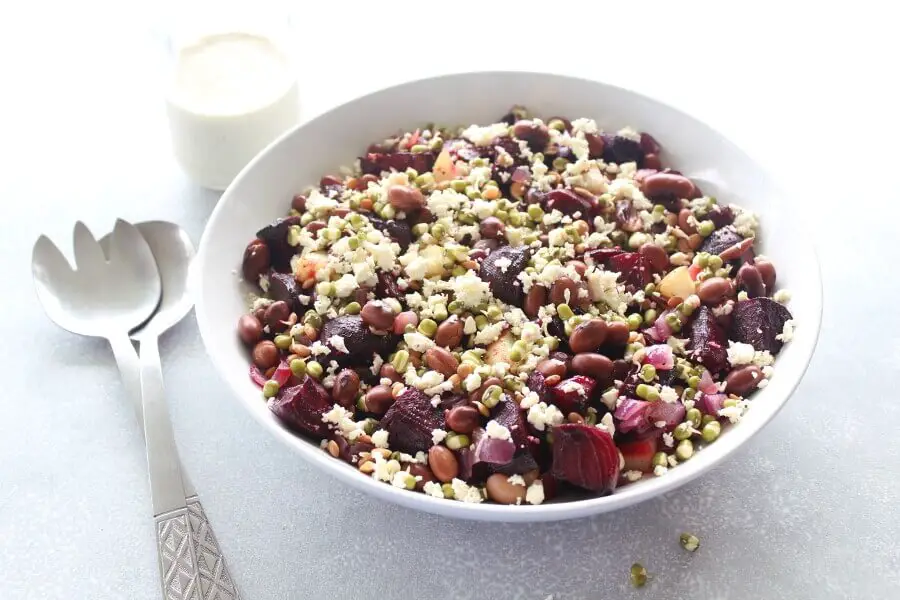 A delightfully colourful and healthy Roasted Beet Potato Salad With Cashew Dressing that is easy to make, vegan, dairy free, sugar free and egg free | berrysweetlife.com