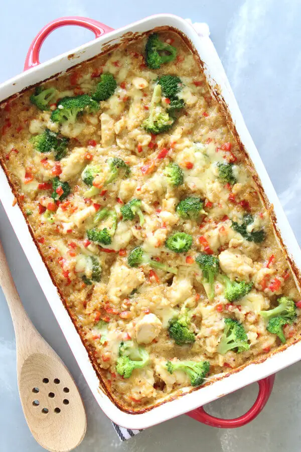 Super tasty and easy baked Mustard Chicken Quinoa Red Pepper Casserole from scratch with all healthy ingredients! This is healthy comfort food at its best | berrysweetlife.com