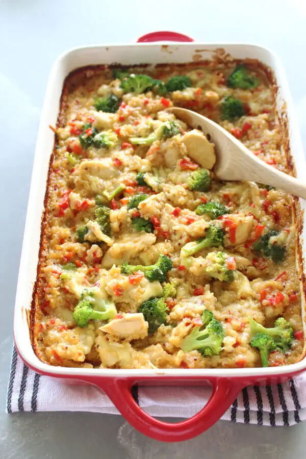 Super tasty and easy baked Mustard Chicken Quinoa Red Pepper Casserole from scratch with all healthy ingredients! This is healthy comfort food at its best | berrysweetlife.com