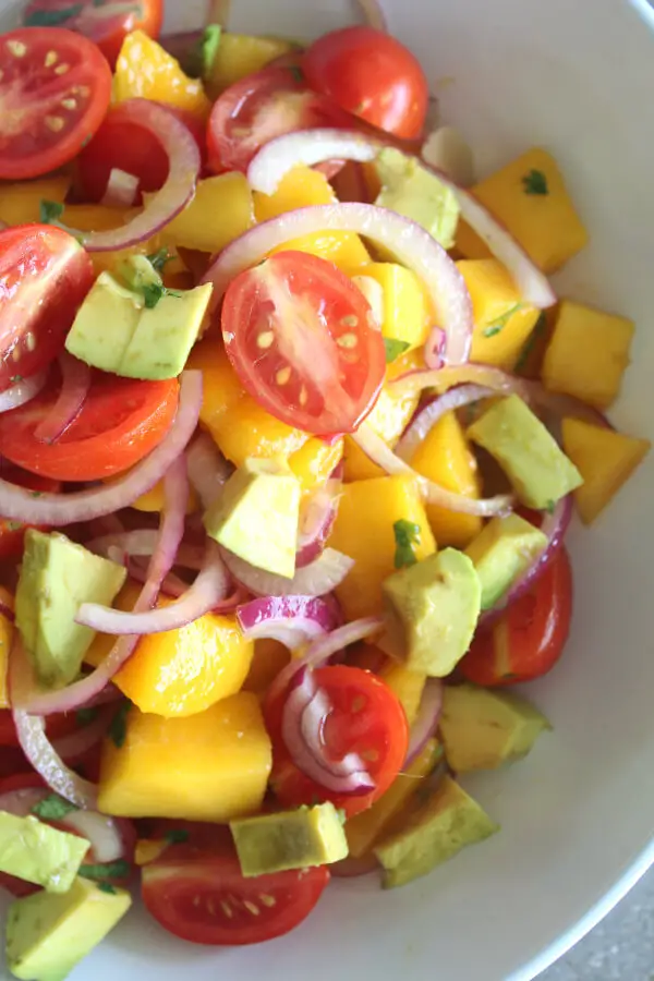 Refreshing, tasty Summer Fiesta Mango Avocado Red Onion Salad! Easy to prepare, vegan, raw, low carb and packed full of healthy goodness! | berrysweetlife.com