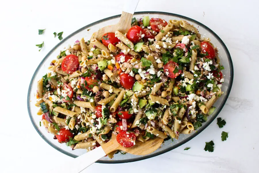 Mediterranean Tuna Chickpea Pasta Salad | berrysweetlife.com